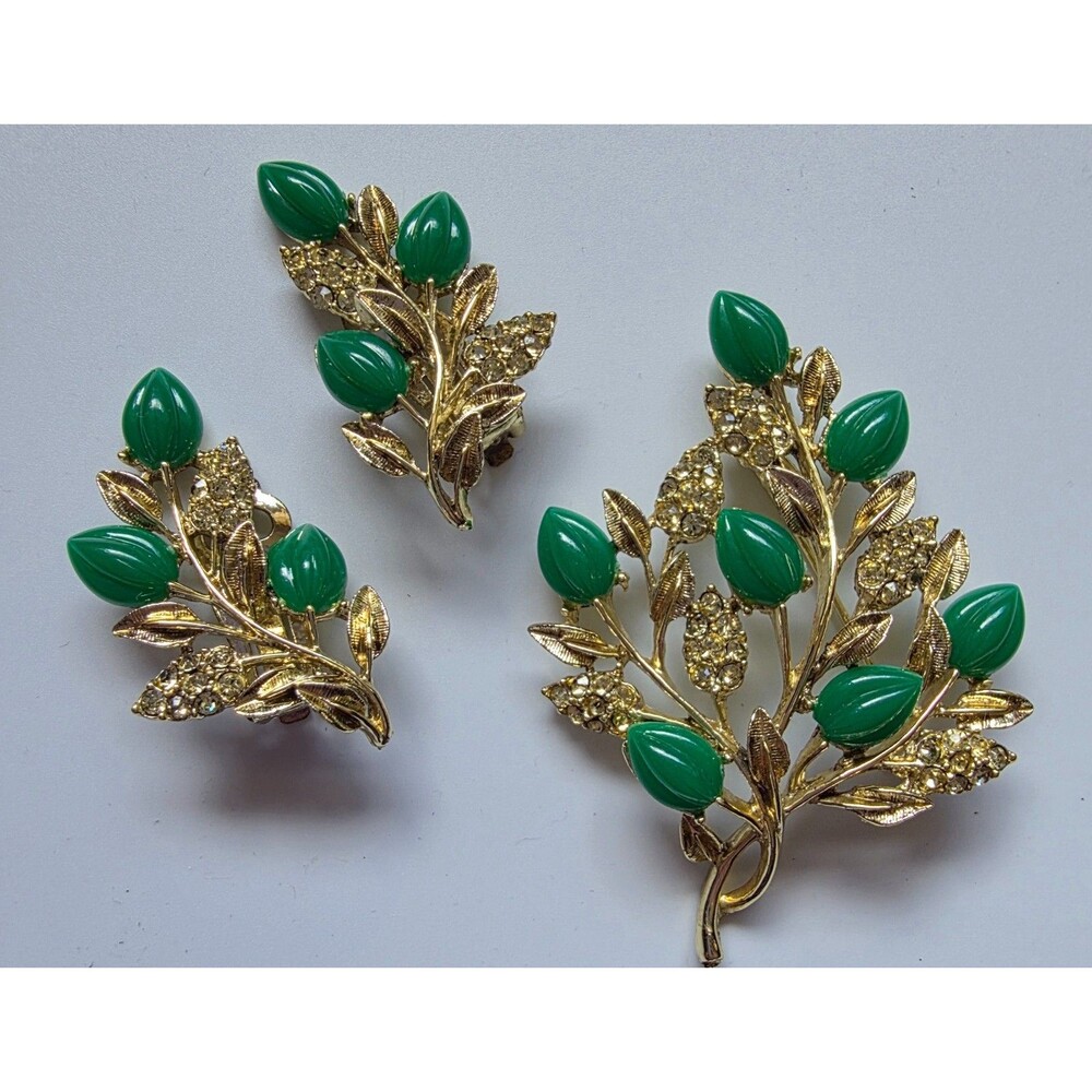Vintage Dodds Signed Green Thermoset Rhinestone Brooch Clip Earrings Demi Set